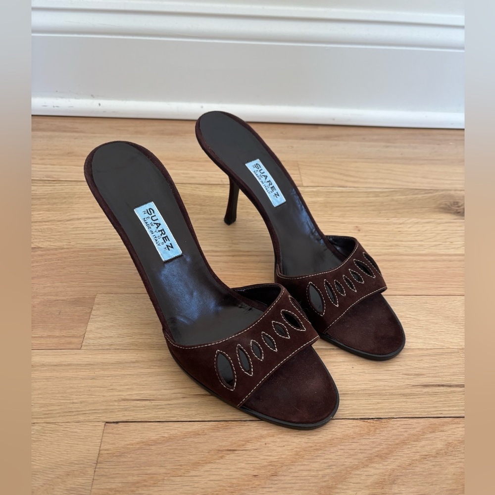 Suarez Brown Suede Open-Toe Heels